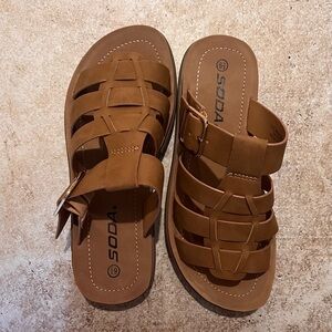 Soda Brown Woven Buckle Sandals
